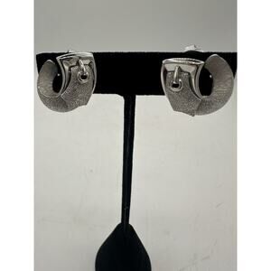 1960s Vintage Signed Trifari Round Silver Tone Clip On Earrings Buckle